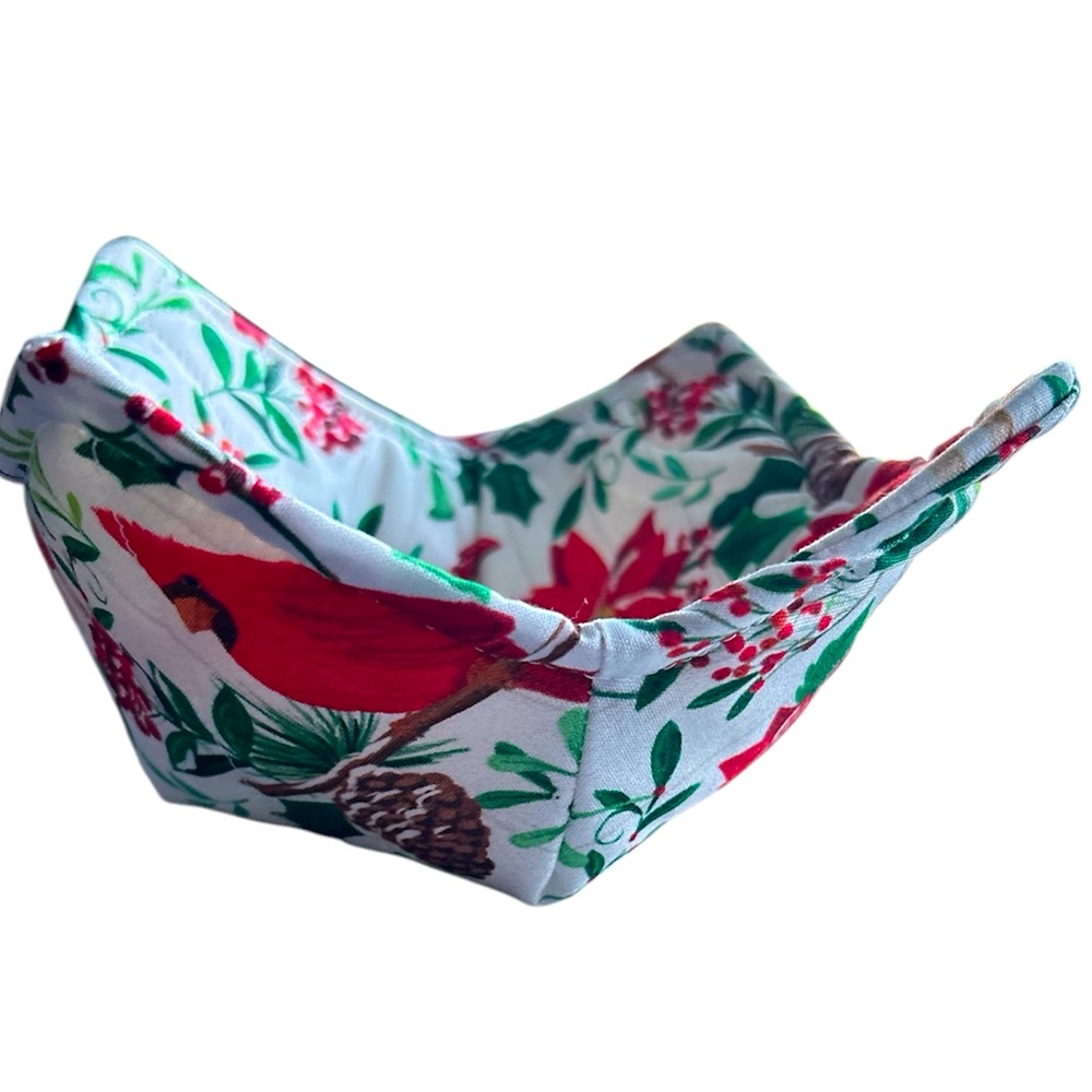 HAND CRAFTED Colorful Cotton Fabric Red Cardinals Fabric Trinket Basket Bowl